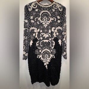 XL Vintage Deadstock 100%Silk BeadedSequin Art Deco Black EveningGown FormalGala